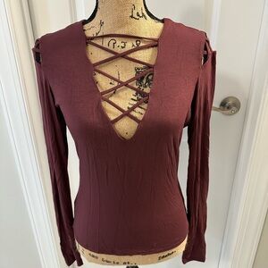 Guess purple eggplant Crisscross Long Sleeve Blouse